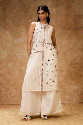 Needleten Ivory Thread Work A-Line Dress 