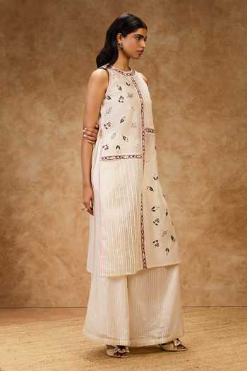 Needleten Ivory Cotton, Chanderi Silk, Tissue Round Neck Thread Work A-line Dress Online at Aza Fashions Needleten_Ivory Cotton, Chanderi Silk, Tissue Round Neck Thread Work A-line Dress _Online_at_Aza_Fashions