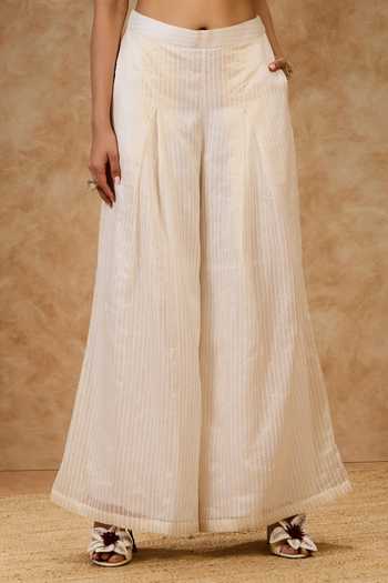 Shop Needleten Ivory Cotton, Chanderi Silk, Tissue Round Neck Thread Work A-line Dress Online at Aza Fashions Shop_Needleten_Ivory Cotton, Chanderi Silk, Tissue Round Neck Thread Work A-line Dress _Online_at_Aza_Fashions
