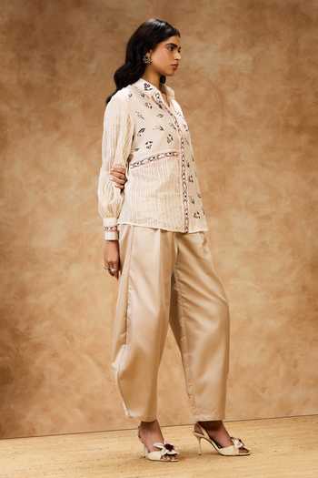 Needleten_Ivory Cotton, Chanderi Silk, Tissue Collared Neck Thread Work Shirt _Online_at_Aza_Fashions