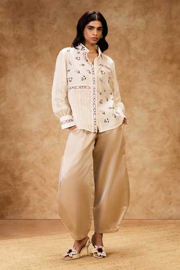 Buy_Needleten_Ivory Cotton, Chanderi Silk, Tissue Collared Neck Thread Work Shirt _Online_at_Aza_Fashions