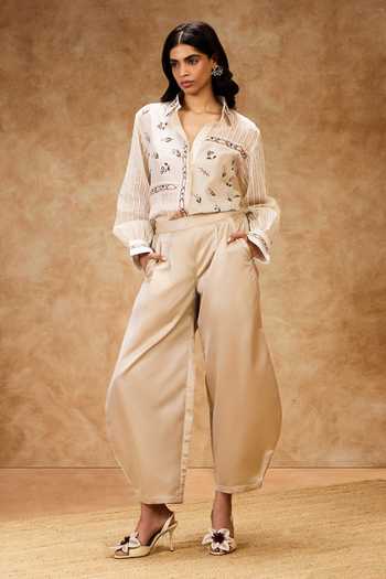 Shop_Needleten_Ivory Cotton, Chanderi Silk, Tissue Collared Neck Thread Work Shirt _Online_at_Aza_Fashions