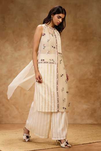 Needleten Gold Cotton, Tissue Round Neck Thread Work A-line Dress Online at Aza Fashions Needleten_Gold Cotton, Tissue Round Neck Thread Work A-line Dress _Online_at_Aza_Fashions