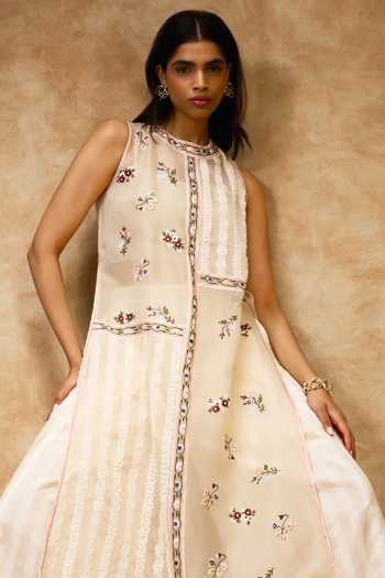 Buy Needleten Gold Cotton, Tissue Round Neck Thread Work A-line Dress Online at Aza Fashions Buy_Needleten_Gold Cotton, Tissue Round Neck Thread Work A-line Dress _Online_at_Aza_Fashions