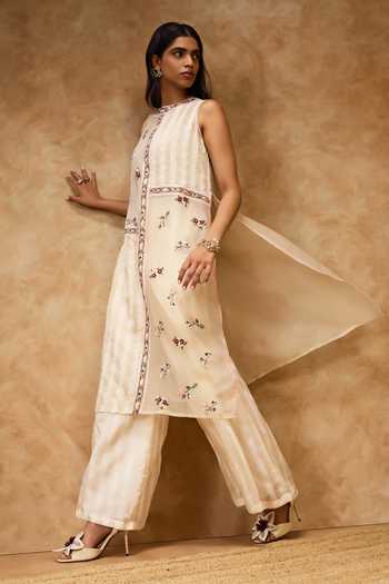 Shop Needleten Gold Cotton, Tissue Round Neck Thread Work A-line Dress Online at Aza Fashions Shop_Needleten_Gold Cotton, Tissue Round Neck Thread Work A-line Dress _Online_at_Aza_Fashions