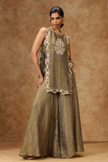 Buy_Needleten_Green Silk, Tissue Round Neck Moss Grid Bib Top _Online_at_Aza_Fashions