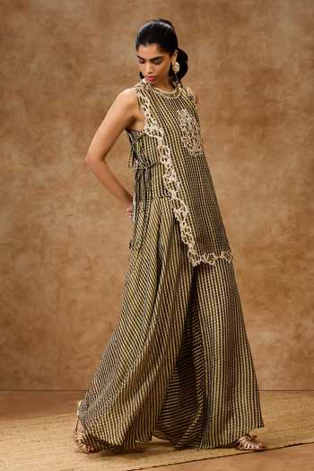 Shop_Needleten_Green Silk, Tissue Round Neck Moss Grid Bib Top _Online_at_Aza_Fashions