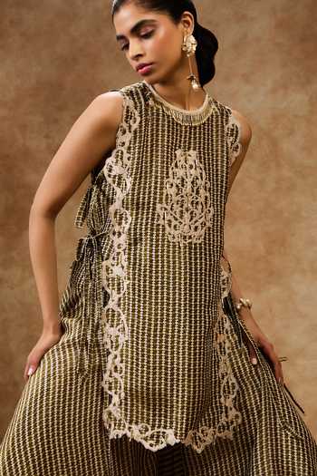 Needleten_Green Silk, Tissue Round Neck Moss Grid Bib Top _at_Aza_Fashions