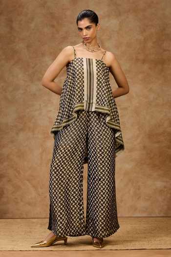 Needleten Olive Green Silk, Tissue Square Neck Mosaic Strappy Top Online at Aza Fashions Needleten_Olive Green Silk, Tissue Square Neck Mosaic Strappy Top _Online_at_Aza_Fashions