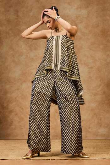Shop Needleten Olive Green Silk, Tissue Square Neck Mosaic Strappy Top Online at Aza Fashions Shop_Needleten_Olive Green Silk, Tissue Square Neck Mosaic Strappy Top _Online_at_Aza_Fashions