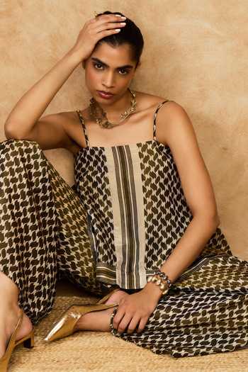 Needleten Olive Green Silk, Tissue Square Neck Mosaic Strappy Top at Aza Fashions Needleten_Olive Green Silk, Tissue Square Neck Mosaic Strappy Top _at_Aza_Fashions