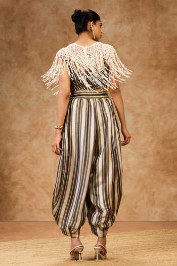 Shop Needleten Olive Green Silk, Tissue Striped Barrel Pant at Aza Fashions Shop_Needleten_Olive Green Silk, Tissue Striped Barrel Pant _at_Aza_Fashions