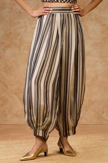Needleten Olive Green Silk, Tissue Striped Barrel Pant Online at Aza Fashions Needleten_Olive Green Silk, Tissue Striped Barrel Pant _Online_at_Aza_Fashions