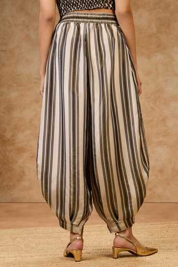 Buy Needleten Olive Green Silk, Tissue Striped Barrel Pant Online at Aza Fashions Buy_Needleten_Olive Green Silk, Tissue Striped Barrel Pant _Online_at_Aza_Fashions