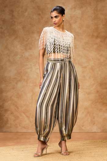 Shop Needleten Olive Green Silk, Tissue Striped Barrel Pant Online at Aza Fashions Shop_Needleten_Olive Green Silk, Tissue Striped Barrel Pant _Online_at_Aza_Fashions