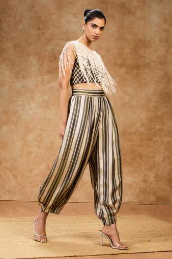 Needleten Olive Green Silk, Tissue Striped Barrel Pant at Aza Fashions Needleten_Olive Green Silk, Tissue Striped Barrel Pant _at_Aza_Fashions