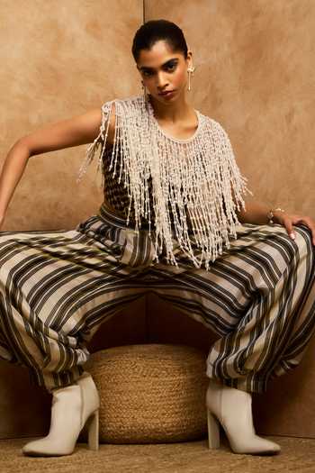 Buy Needleten Olive Green Silk, Tissue Striped Barrel Pant Buy_Needleten_Olive Green Silk, Tissue Striped Barrel Pant
