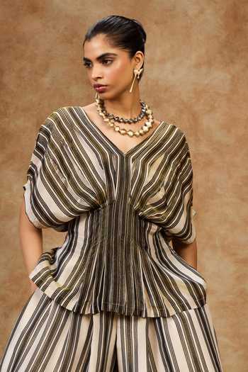 Needleten Olive Striped V-Neck Top 