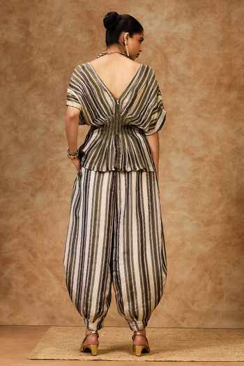 Needleten Olive Striped V-Neck Top 