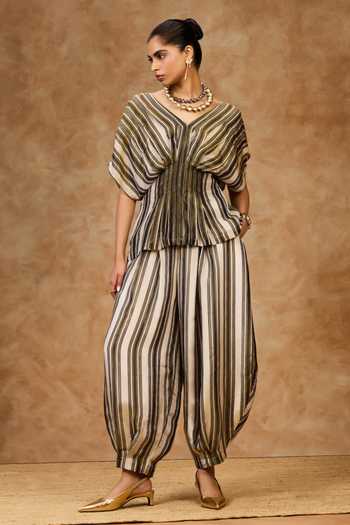 Needleten Olive Green Silk, Tissue V-neck Striped Top Online at Aza Fashions Needleten_Olive Green Silk, Tissue V-neck Striped Top _Online_at_Aza_Fashions