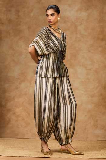 Buy Needleten Olive Green Silk, Tissue V-neck Striped Top Online at Aza Fashions Buy_Needleten_Olive Green Silk, Tissue V-neck Striped Top _Online_at_Aza_Fashions