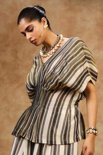 Shop Needleten Olive Green Silk, Tissue V-neck Striped Top Online at Aza Fashions Shop_Needleten_Olive Green Silk, Tissue V-neck Striped Top _Online_at_Aza_Fashions