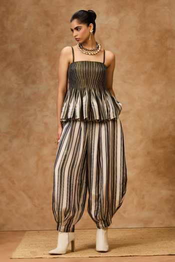 Needleten Black Silk, Tissue Square Neck Olive Striped Peplum Top Online at Aza Fashions Needleten_Black Silk, Tissue Square Neck Olive Striped Peplum Top _Online_at_Aza_Fashions