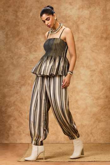 Buy Needleten Black Silk, Tissue Square Neck Olive Striped Peplum Top Online at Aza Fashions Buy_Needleten_Black Silk, Tissue Square Neck Olive Striped Peplum Top _Online_at_Aza_Fashions