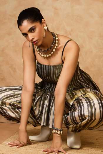 Needleten Black Silk, Tissue Square Neck Olive Striped Peplum Top at Aza Fashions Needleten_Black Silk, Tissue Square Neck Olive Striped Peplum Top _at_Aza_Fashions