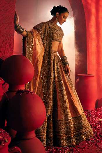 Payal & Zinal_Gold Tissue, Satin, Linen Round Neck Bindu Embroidered Lehenga Set _Online_at_Aza_Fashions
