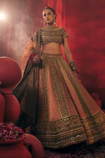 Buy_Payal & Zinal_Gold Tissue, Satin, Linen Round Neck Bindu Embroidered Lehenga Set _Online_at_Aza_Fashions