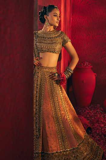 Shop_Payal & Zinal_Gold Tissue, Satin, Linen Round Neck Bindu Embroidered Lehenga Set _Online_at_Aza_Fashions