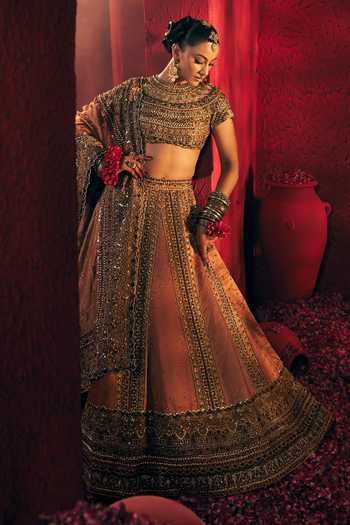 Payal & Zinal_Gold Tissue, Satin, Linen Round Neck Bindu Embroidered Lehenga Set _at_Aza_Fashions