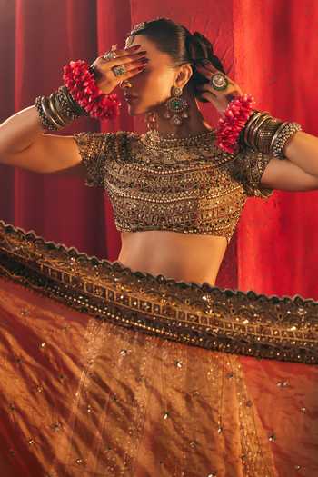 Shop_Payal & Zinal_Gold Tissue, Satin, Linen Round Neck Bindu Embroidered Lehenga Set 