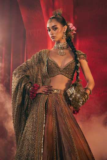 Payal & Zinal Brown Sweetheart Neck Lavanya Embroidered Lehenga Set Online at Aza Fashions Payal & Zinal_Brown Sweetheart Neck Lavanya Embroidered Lehenga Set _Online_at_Aza_Fashions