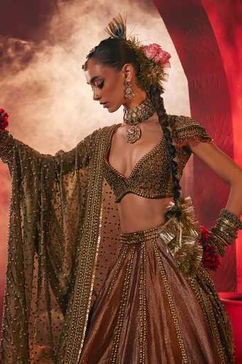 Shop Payal & Zinal Brown Sweetheart Neck Lavanya Embroidered Lehenga Set Online at Aza Fashions Shop_Payal & Zinal_Brown Sweetheart Neck Lavanya Embroidered Lehenga Set _Online_at_Aza_Fashions