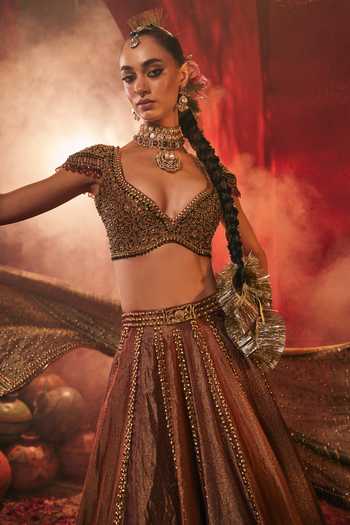 Buy Payal & Zinal Brown Sweetheart Neck Lavanya Embroidered Lehenga Set Buy_Payal & Zinal_Brown Sweetheart Neck Lavanya Embroidered Lehenga Set