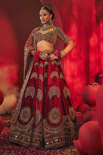 Payal & Zinal_Red Velvet, Net Sindoor Lehenga Set _Online_at_Aza_Fashions