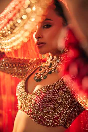 Shop_Payal & Zinal_Red Velvet, Net Sindoor Lehenga Set _Online_at_Aza_Fashions