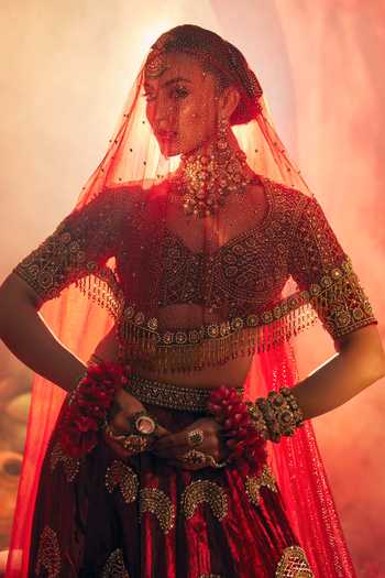 Payal & Zinal_Red Velvet, Net Sindoor Lehenga Set _at_Aza_Fashions