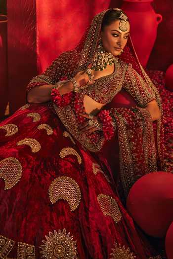 Buy_Payal & Zinal_Red Velvet, Net Sindoor Lehenga Set 