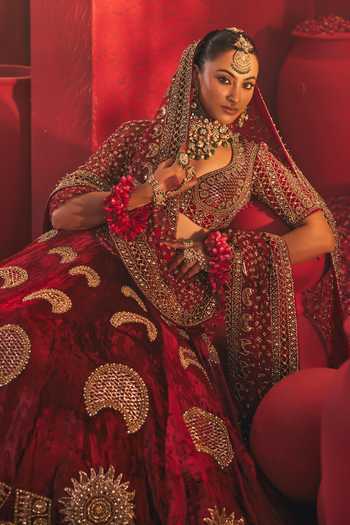 Shop_Payal & Zinal_Red Velvet, Net Sindoor Lehenga Set 