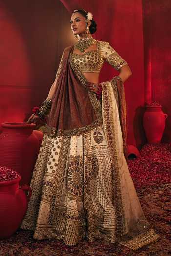 Payal & Zinal_Off White Tissue, Organza, Satin Shashi Geometric Embroidered Lehenga Set _Online_at_Aza_Fashions