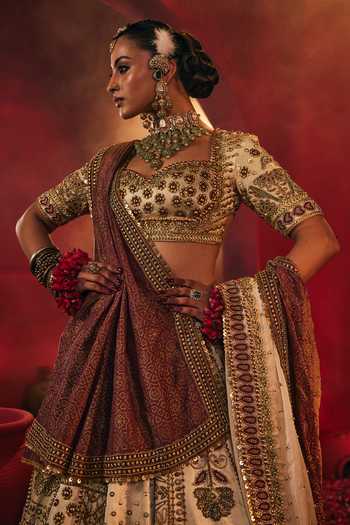 Buy_Payal & Zinal_Off White Tissue, Organza, Satin Shashi Geometric Embroidered Lehenga Set _Online_at_Aza_Fashions