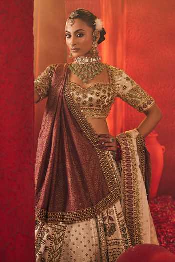 Shop_Payal & Zinal_Off White Tissue, Organza, Satin Shashi Geometric Embroidered Lehenga Set _Online_at_Aza_Fashions