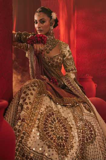 Payal & Zinal_Off White Tissue, Organza, Satin Shashi Geometric Embroidered Lehenga Set _at_Aza_Fashions