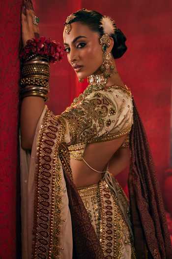 Shop_Payal & Zinal_Off White Tissue, Organza, Satin Shashi Geometric Embroidered Lehenga Set 