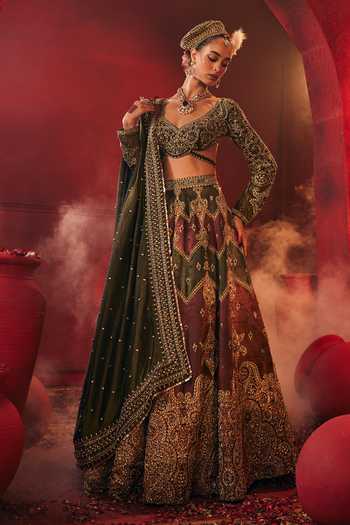 Payal & Zinal_Green Net, Satin, Linen, Tissue Sweetheart Akaar Chevron Embroidered Lehenga Set _Online_at_Aza_Fashions