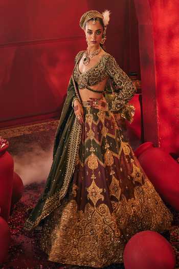 Buy_Payal & Zinal_Green Net, Satin, Linen, Tissue Sweetheart Akaar Chevron Embroidered Lehenga Set _Online_at_Aza_Fashions