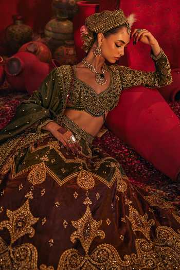 Shop_Payal & Zinal_Green Net, Satin, Linen, Tissue Sweetheart Akaar Chevron Embroidered Lehenga Set _Online_at_Aza_Fashions